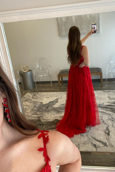V Neck Tulle Red Lace Long Prom Dress with High Slit, Red Lace Formal Dress, Red Evening Dress A1458