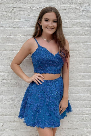 V Neck Two Pieces Beaded Blue Lace Short Prom Dress, 2 Pieces Blue Homecoming Dress, Blue Lace Formal Evening Dress A1295