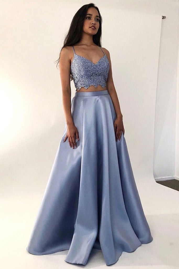 V Neck Two Pieces Light Blue Lace Long Prom Dress, 2 Pieces Light Blue Lace Formal Dress, Light Blue Evening Dress