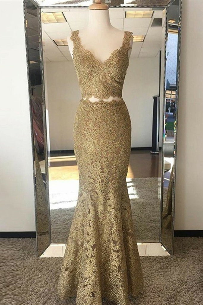 V Neck Two Pieces Mermaid Golden Lace Long Prom Dress, 2 Piece Golden abcprom V Neck Two Pieces Mermaid Golden Lace Long Prom Dress, 2 Piece Golden abcprom