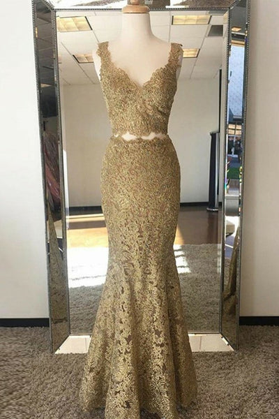 V Neck Two Pieces Mermaid Golden Lace Long Prom Dress, 2 Piece Golden Formal Dress, Mermaid Golden Lace Evening Dress