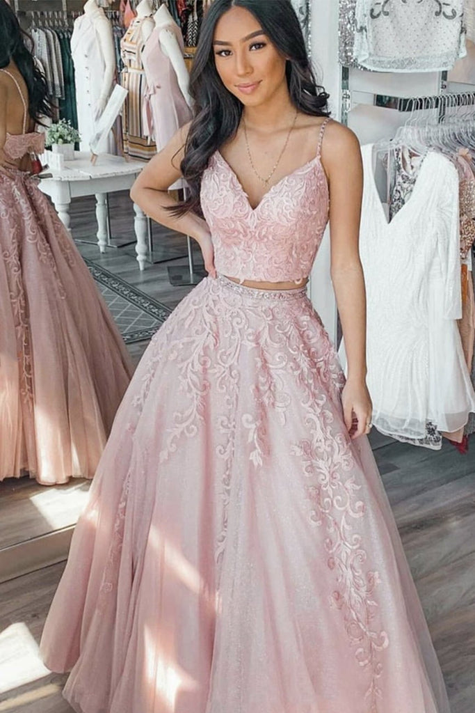 V Neck Two Pieces Pink Floral Lace Long Prom Dress, Pink Lace Formal Graduation Evening Dress