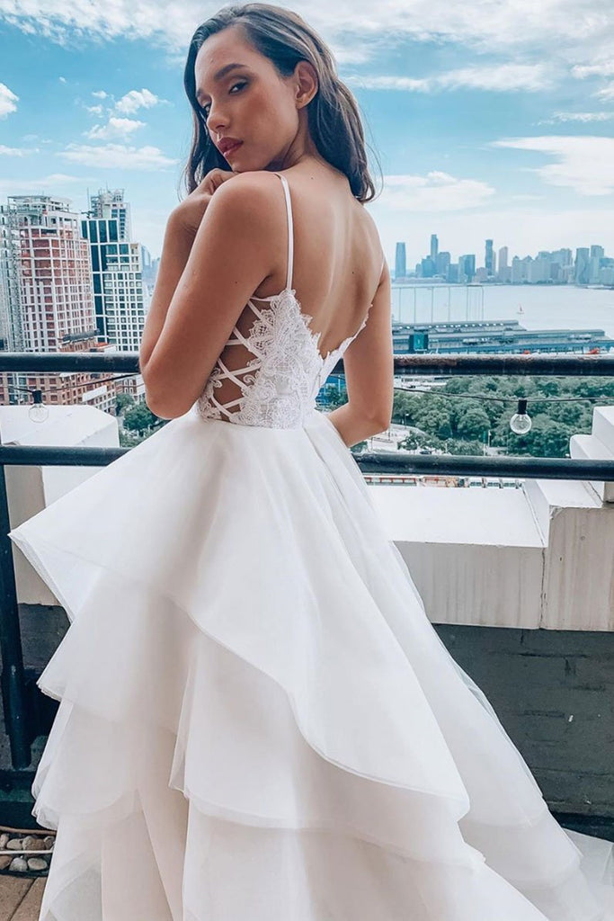 V Neck White Lace Fluffy Long Prom Dress, White Lace Formal Evening Dress, White Fluffy Ball Gown V Neck White Lace Fluffy Long Prom Dress, White Lace Formal Evening Dress, White Fluffy Ball Gown