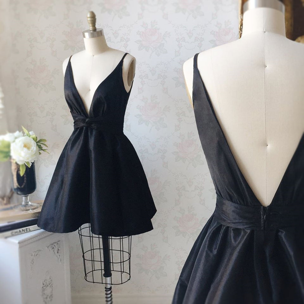 V Neck and V Back Black Satin Short Prom Homecoming Dress, V Neck Blac