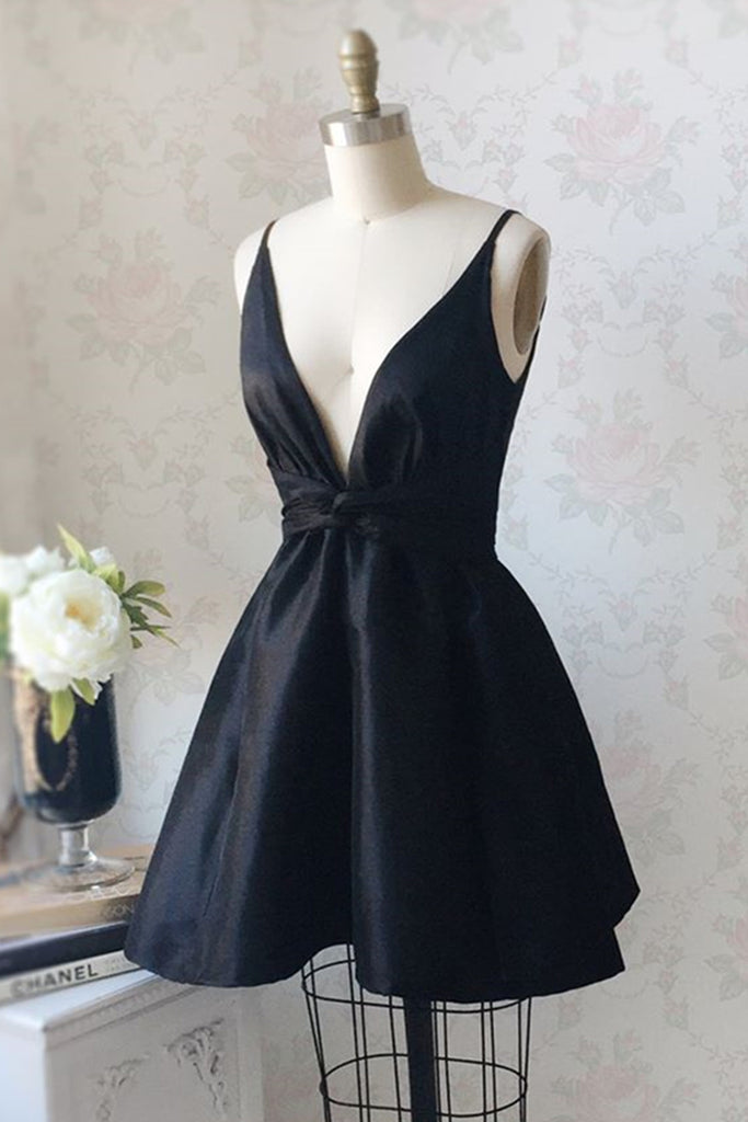 V Neck and V Back Black Satin Short Prom Homecoming Dress, V Neck Blac abcprom V Neck and V Back Black Satin Short Prom Homecoming Dress, V Neck Blac abcprom