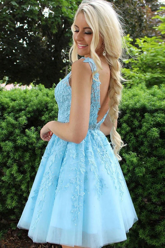 V Neck and V Back Light Blue Lace Short Prom Dress with Belt, Light Bl ...