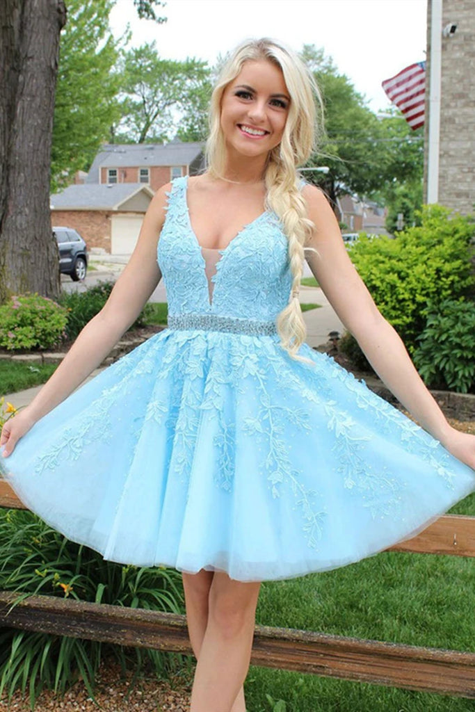 V Neck and V Back Light Blue Lace Short Prom Dress with Belt, Light Bl abcprom V Neck and V Back Light Blue Lace Short Prom Dress with Belt, Light Bl abcprom