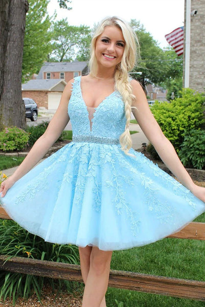 V Neck and V Back Light Blue Lace Short Prom Dress with Belt, Light Blue Lace Formal Graduation Homecoming Dress