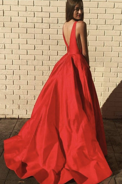 V Neck and V Back Red Satin Long Prom Dress with Pocket, V Neck Red Long Formal Dress, Red Evening Dress