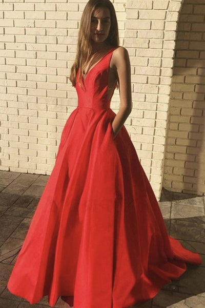V Neck and V Back Red Satin Long Prom Dress with Pocket, V Neck Red Long Formal Dress, Red Evening Dress