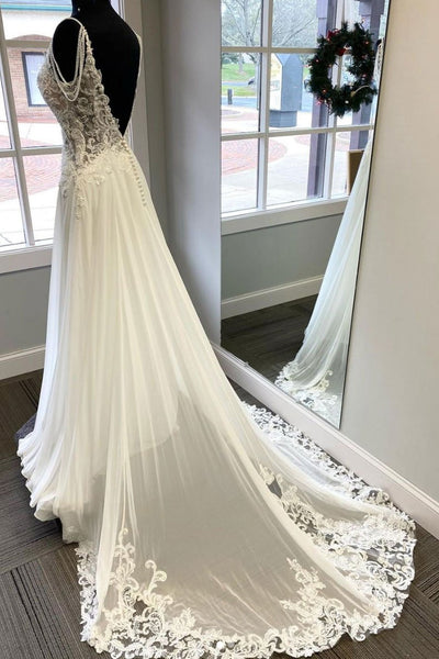 V Neck and V Back White Lace Long Prom Dress, White Lace Wedding Dress, Long White Formal Evening Dress