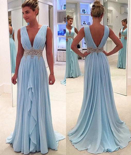 Ethereal A Line V Neck Beaded Back Sky Blue Floor Length Prom Dress For Women For Sale