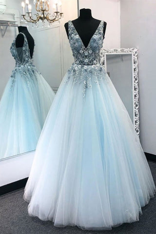 V Neck Appliques Blue Lace Long Prom Dress, Floral Blue Lace Formal Dress, Lace Blue Evening Dress, Ball Gown