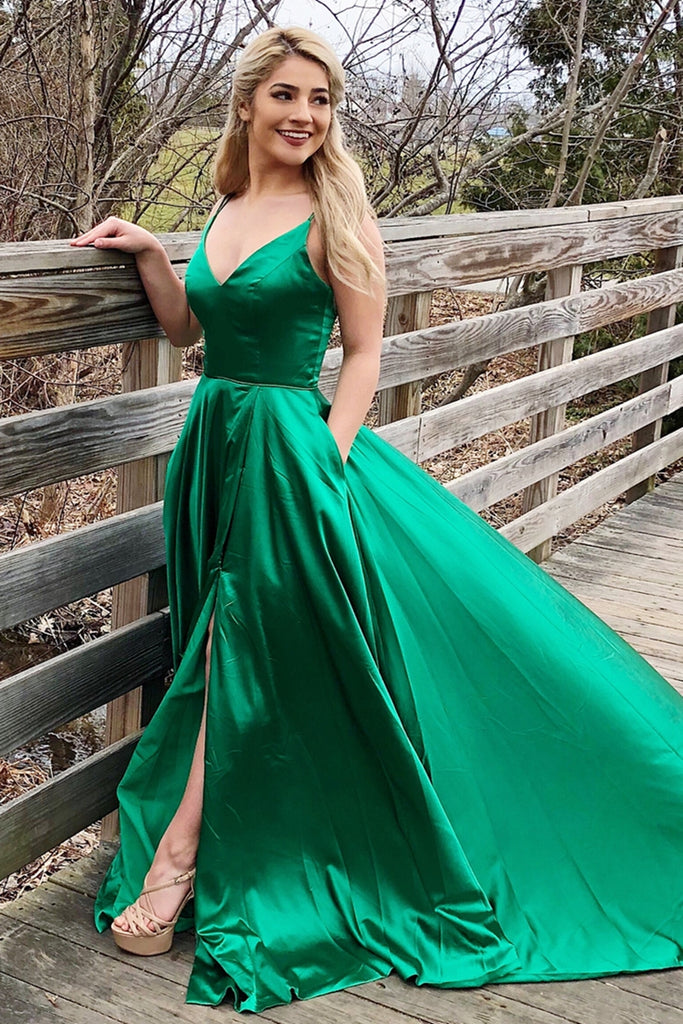 V Neck Backless Green Satin Long Prom Dress 2020 with Slit Backless G abcprom