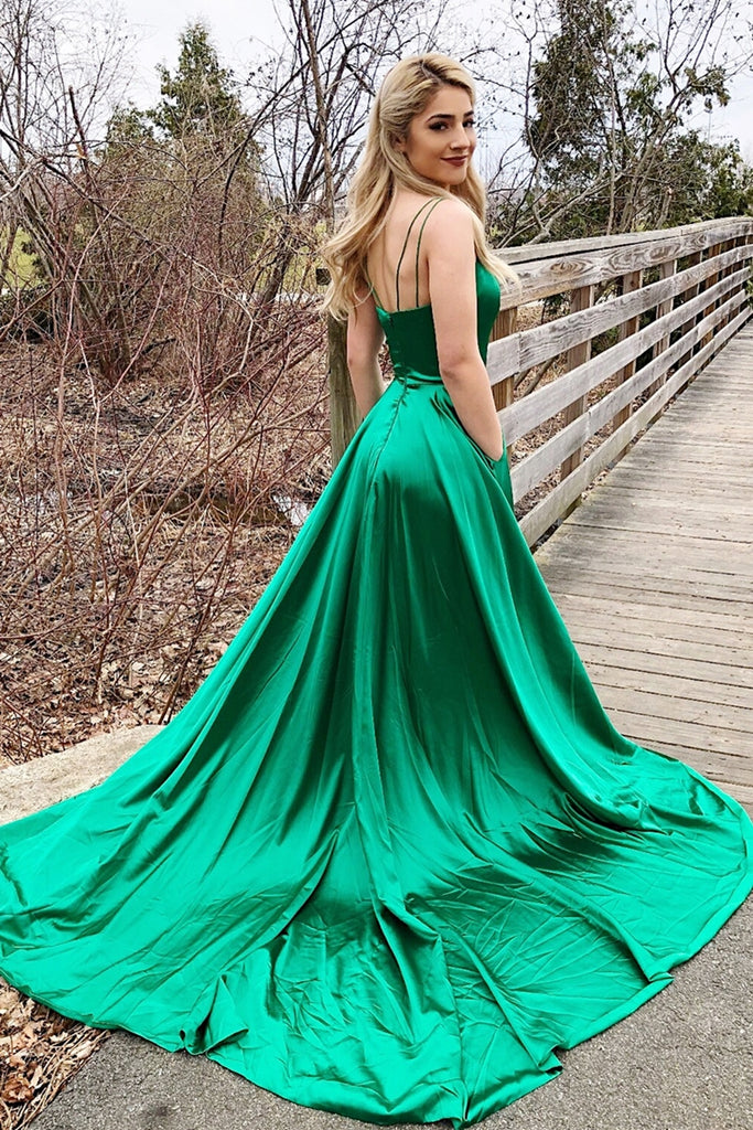 V Neck Backless Green Satin Long Prom Dress 2020 with Slit, Backless Green Formal Graduation Evening Dress