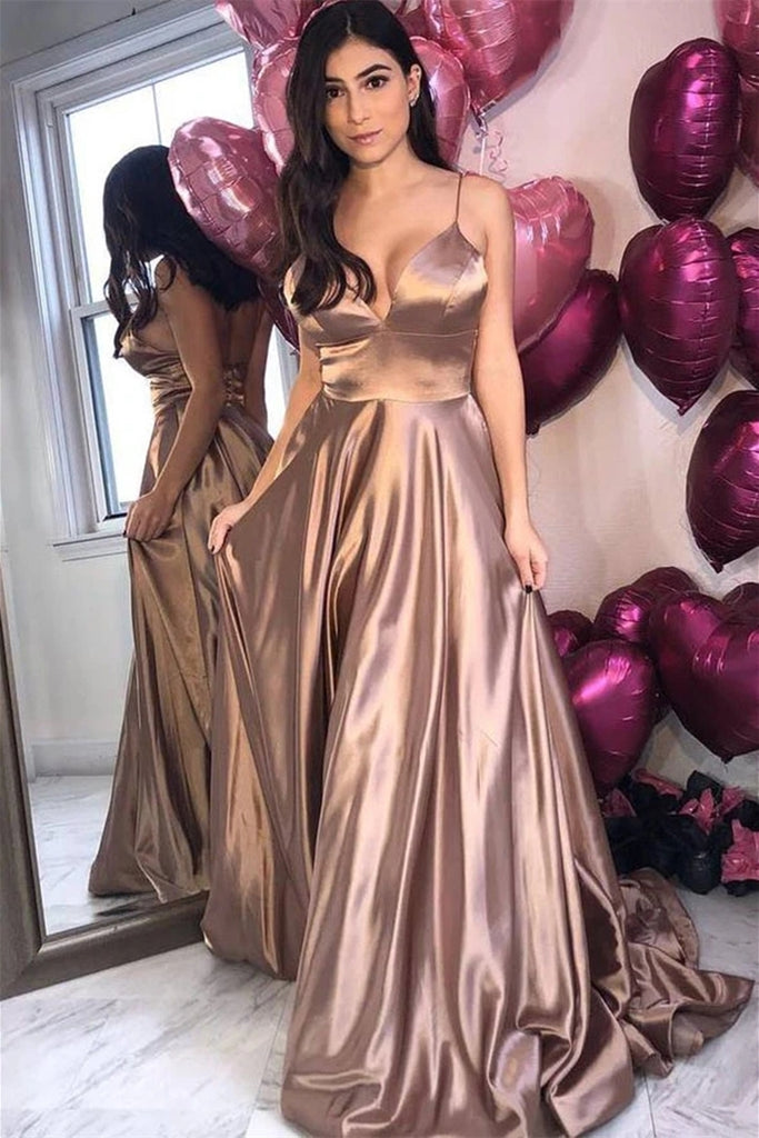 V Neck Backless Long Champagne Prom Dresses, Backless Champagne Formal Graduation Evening Dresses