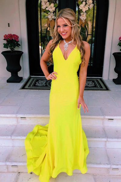 V Neck Backless Mermaid Yellow Prom Dress with Train, Backless Yellow Formal Dress, Mermaid Yellow Evening Dress