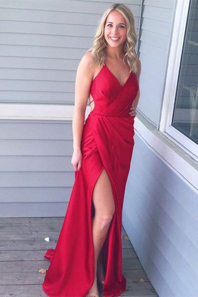 V Neck Backless Pleated Red Long Prom Dress 2020 with High Slit, Backless Red Formal Dress, Red Evening Dress, Party Dress