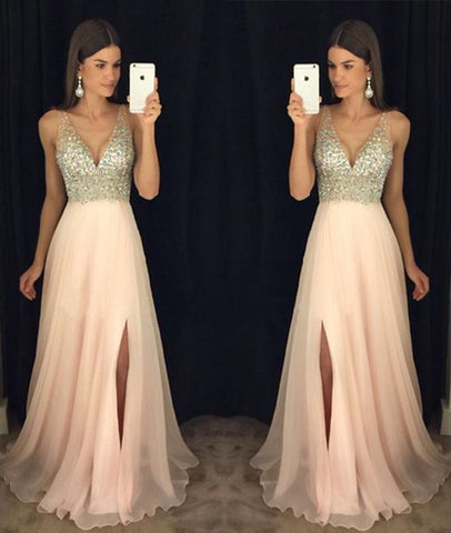 V Neck Beaded Pink Prom Dresses, Pink Formal Dresses, Pink Evening Dresses