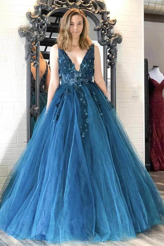 V Neck Blue Lace Appliques Long Prom Dress, Blue Lace Floral Formal Dress, Blue Lace Evening Dress, Blue Ball Gown