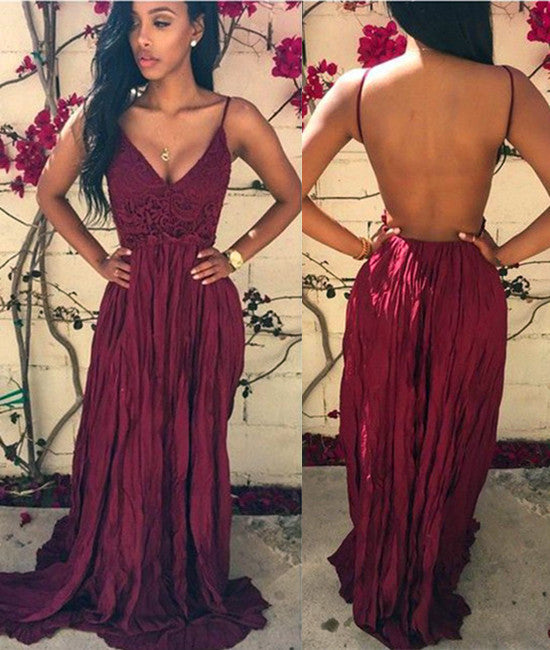 V Neck Chiffon Backless Long Lace Maroon Prom Dresses, Long Maroon Lace Formal Dresses