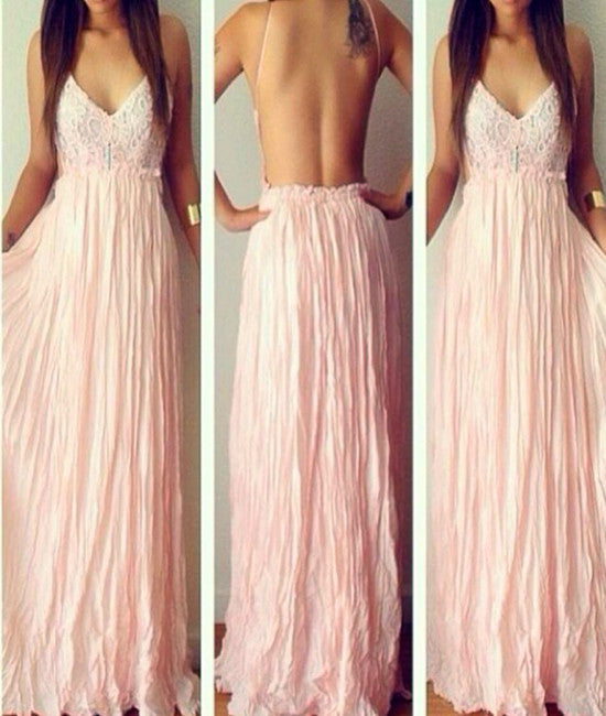 V Neck Chiffon Backless Long Lace Pink Prom Dresses, Long Pink Lace Formal Dresses