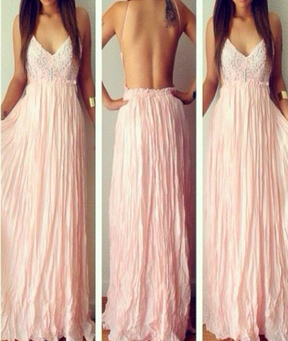 V Neck Chiffon Backless Long Lace Pink Prom Dresses, Long Pink Lace Formal Dresses