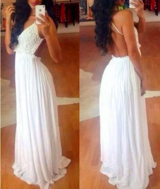 V Neck Chiffon Backless Long Lace White Prom Dresses, Long White Lace Formal Dresses