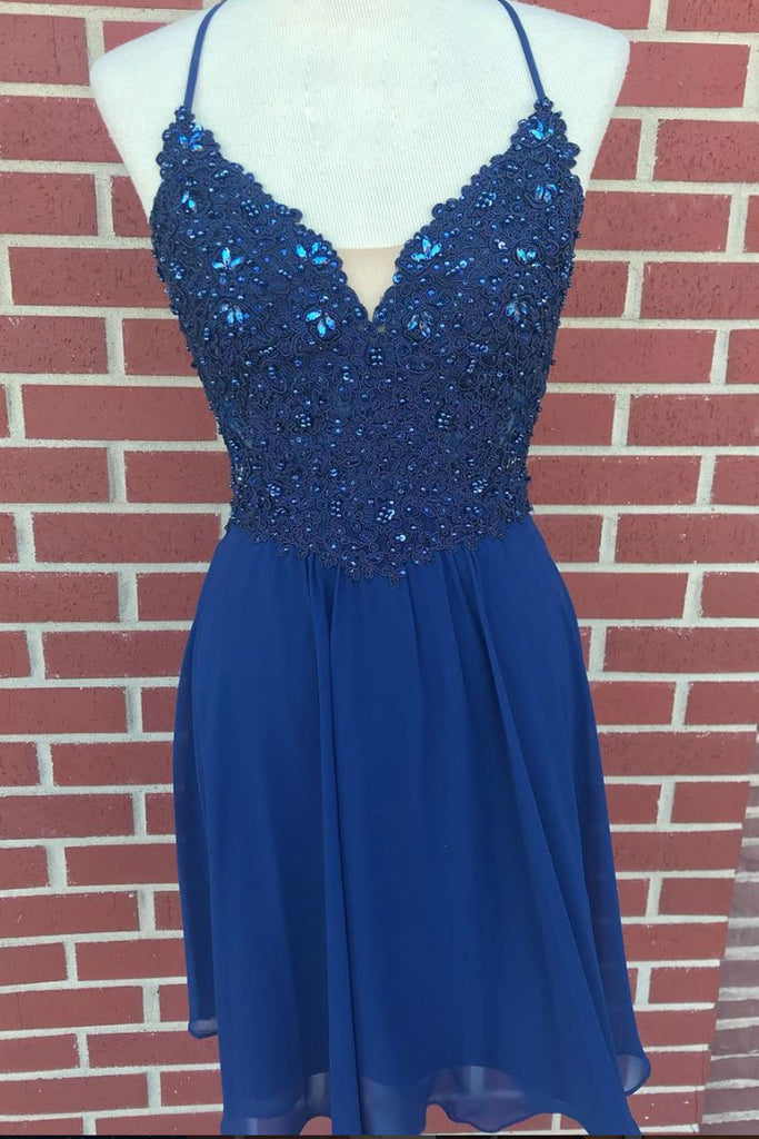 V Neck Lace Beaded Blue Homecoming Dresses Short Prom Dresses, Blue La abcprom V Neck Lace Beaded Blue Homecoming Dresses Short Prom Dresses, Blue La abcprom