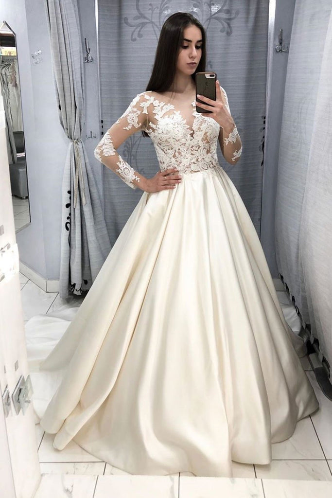 V Neck Long Sleeves Lace Ivory Long Prom Dresses Wedding Dresses, Long abcprom V Neck Long Sleeves Lace Ivory Long Prom Dresses Wedding Dresses, Long abcprom