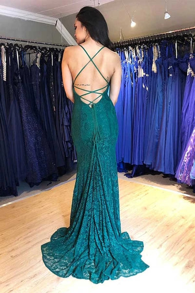 V Neck Mermaid Backless Green Lace Long Prom Dress, Mermaid Backless Lace Green Formal Graudation Evening Dress
