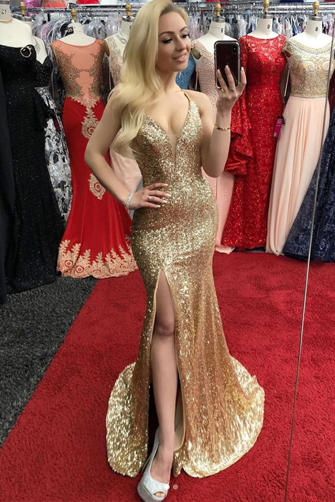 V Neck Mermaid Sequins Golden Prom Dresses with Side Slit, Mermaid Golden Formal Dresses, Golden Evening Dresses