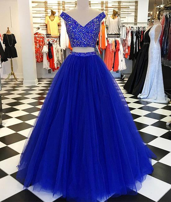 V Neck Off Shoulder 2 Pieces Beads Blue Tulle Long Prom Dress, Blue 2 Pieces Ball Gown, Evening Dress