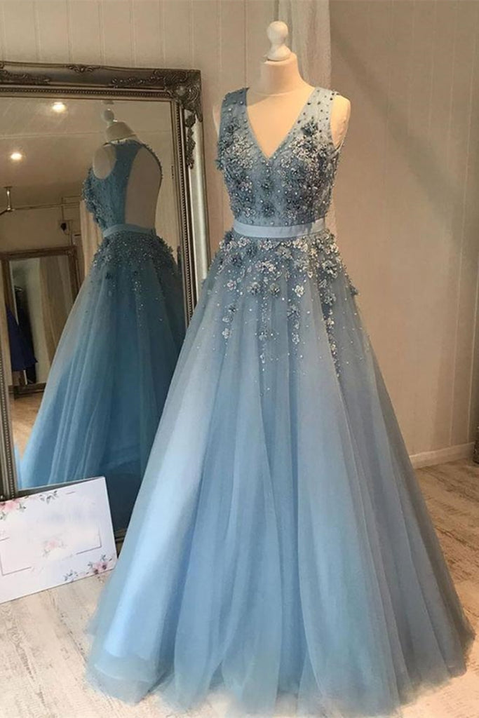 V Neck Open Back Beaded Blue Long Prom Dress with 3D Flowers, Open Bac abcprom V Neck Open Back Beaded Blue Long Prom Dress with 3D Flowers, Open Bac abcprom