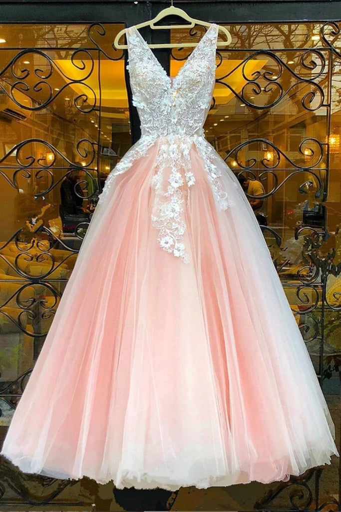 V Neck Pink Lace Appliques Long Sweet 16 Prom Dress, Pink Lace Formal abcprom V Neck Pink Lace Appliques Long Sweet 16 Prom Dress, Pink Lace Formal abcprom
