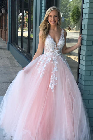 V Neck Pink Lace Long Prom Dress 2020 with Appliques, V Neck Pink Formal Dress, Pink Lace Evening Dress, Pink Ball Gown