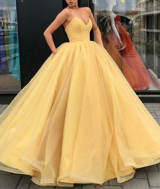 V Neck Sleeveless Yellow Organza Ball Gown, Yellow Prom Dress, Yellow Formal Dresses