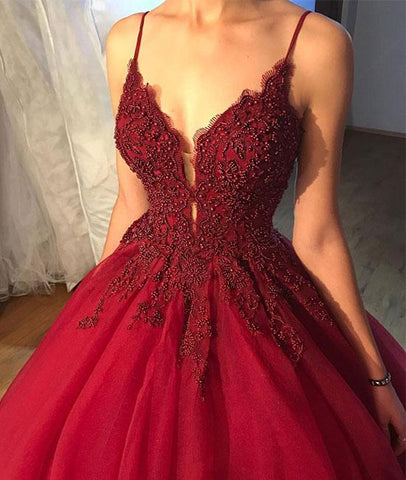 V Neck Tulle Burgundy Prom Dress With Beads, Burgundy Evening Dress