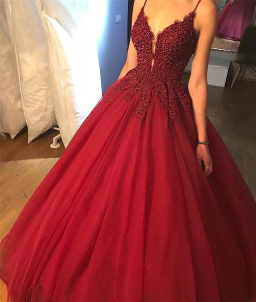 V Neck Tulle Burgundy Prom Dress With Beads, Burgundy Evening Dress
