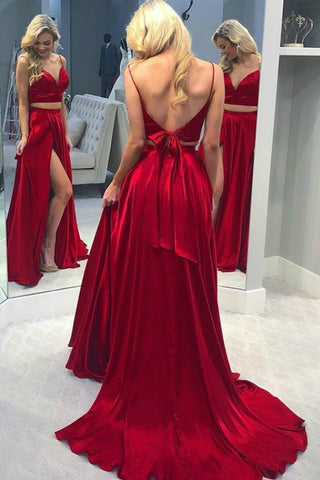 V Neck Two Pieces Red Satin Long Prom Dress with Split, Two Pieces V Neck Red Formal Dress, Two Pieces Red Evening Dress