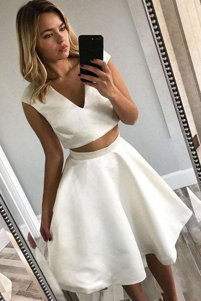 V Neck Two Pieces White Short Prom Dresses, Two Pieces White Homecoming Dresses, White Cocktail Dresses, Two Pieces White Formal Dresses