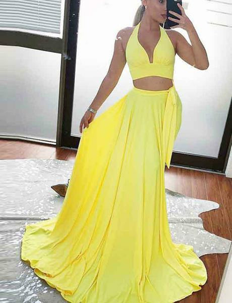V Neck Two Pieces Yellow Long Prom Dresses with High Slit, Two Pieces Yellow Long Evening Dresses, Graduation Dresses