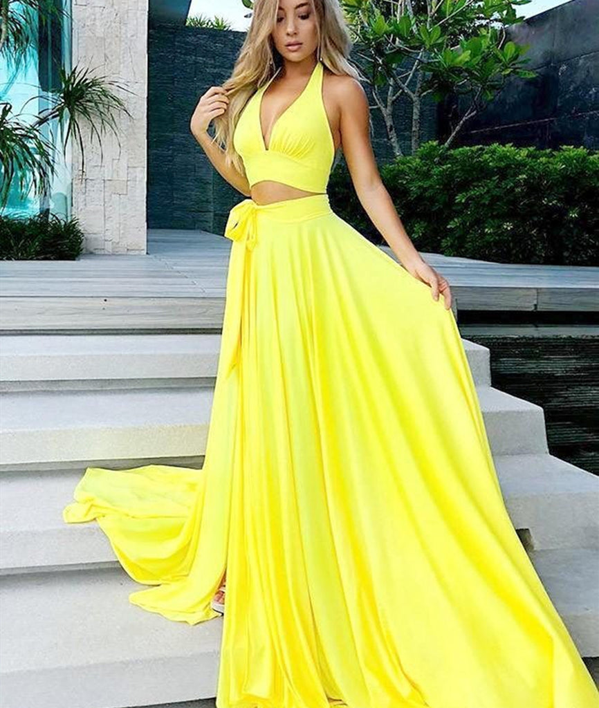 V Neck Two Pieces Yellow Long Prom Dresses with High Slit, Two Pieces abcprom V Neck Two Pieces Yellow Long Prom Dresses with High Slit, Two Pieces abcprom