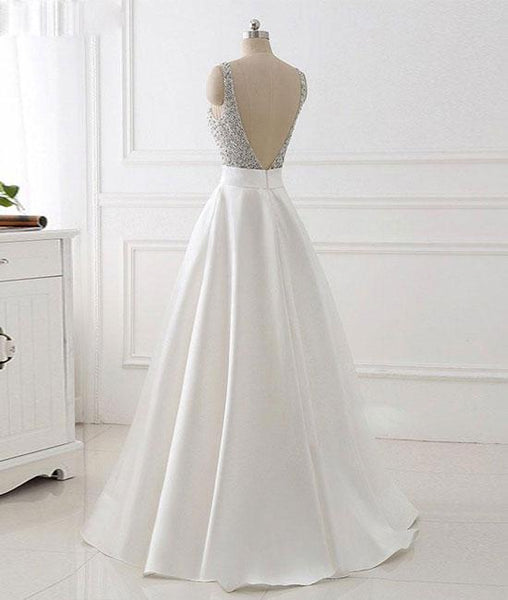 V Neck White Prom Dress With Beads, V Neck Formal Dress, White Evening Dress