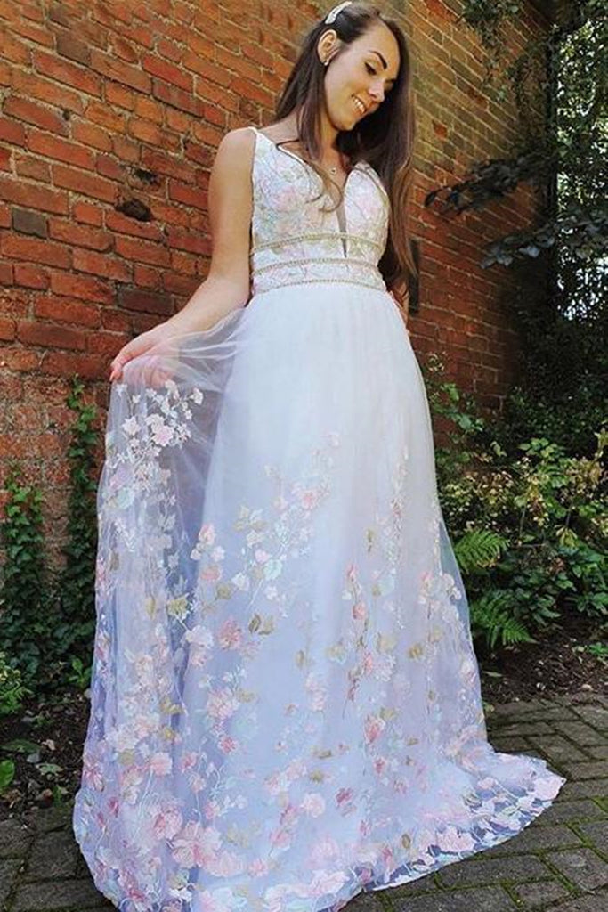 White A Line V Neck Long Lace Floral Prom Dress, Floral White Formal G abcprom White A Line V Neck Long Lace Floral Prom Dress, Floral White Formal G abcprom