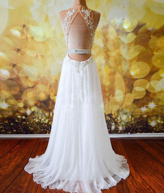 chinese dress ladies White Chiffon Tulle Appliques Lace Sweep Train Sexy Open Back Prom Dre –  abcprom