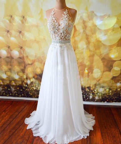 White Chiffon Tulle Appliques Lace Sweep Train Sexy Open Back Prom Dresses, Lace Formal Dresses