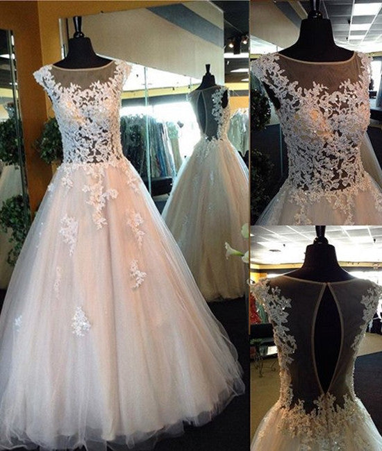 White Lace Prom Gown, A-Line Tulle See Through Prom Dresses, Formal Dresses