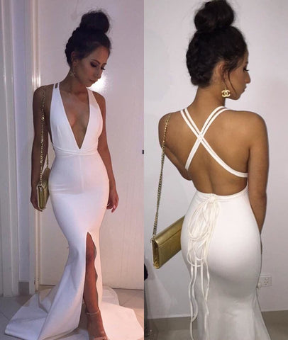 White Mermaid Deep V Neck Cross Back Long Prom Dresses with Slit, Mermaid White Formal Dresses, White Evening Dresses