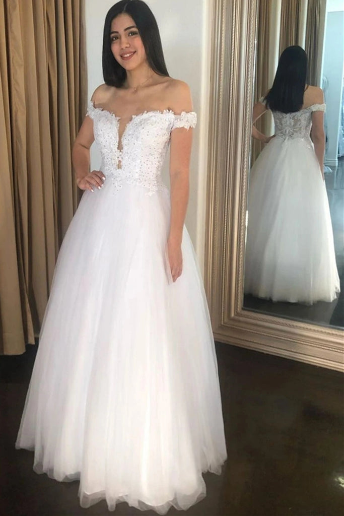 White Tulle Off Shoulder Lace Long Prom Dress, Off the Shoulder White Lace Formal Dress, White Lace Evening Dress
